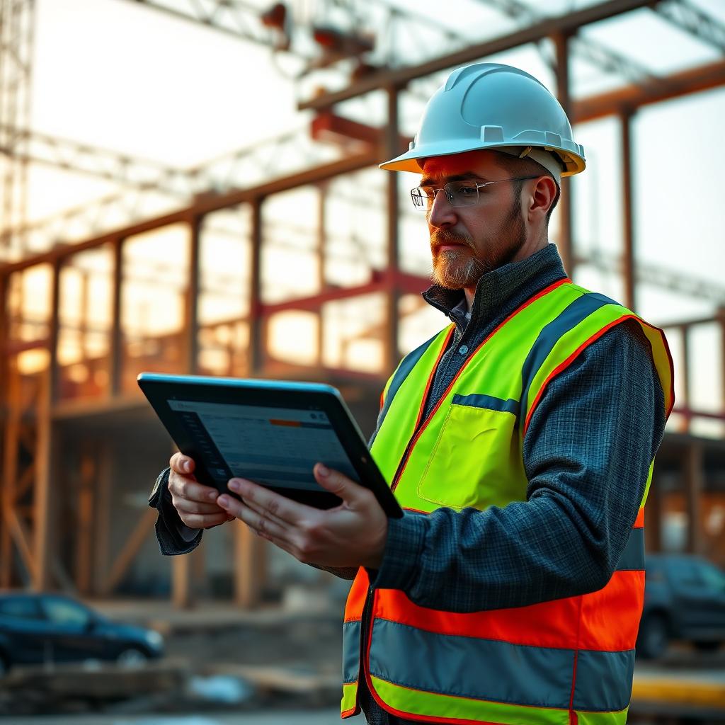 Construction foreman on a jobsite reviewing a tablet with schedule data, steel framing in the background